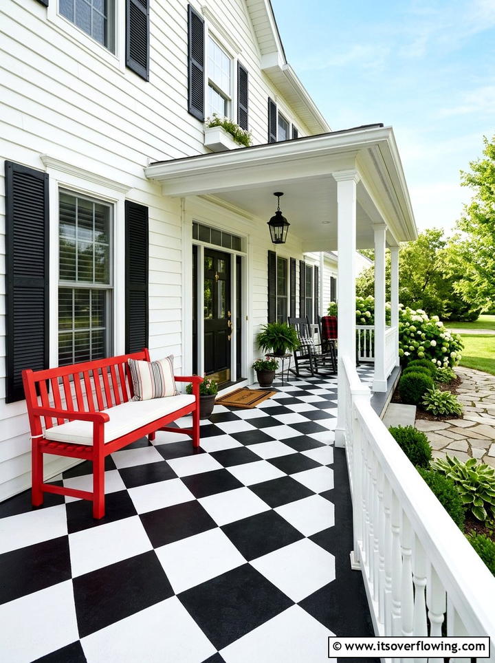 Black White Checkered Floor - 25 front porch ideas with stenciled floor
