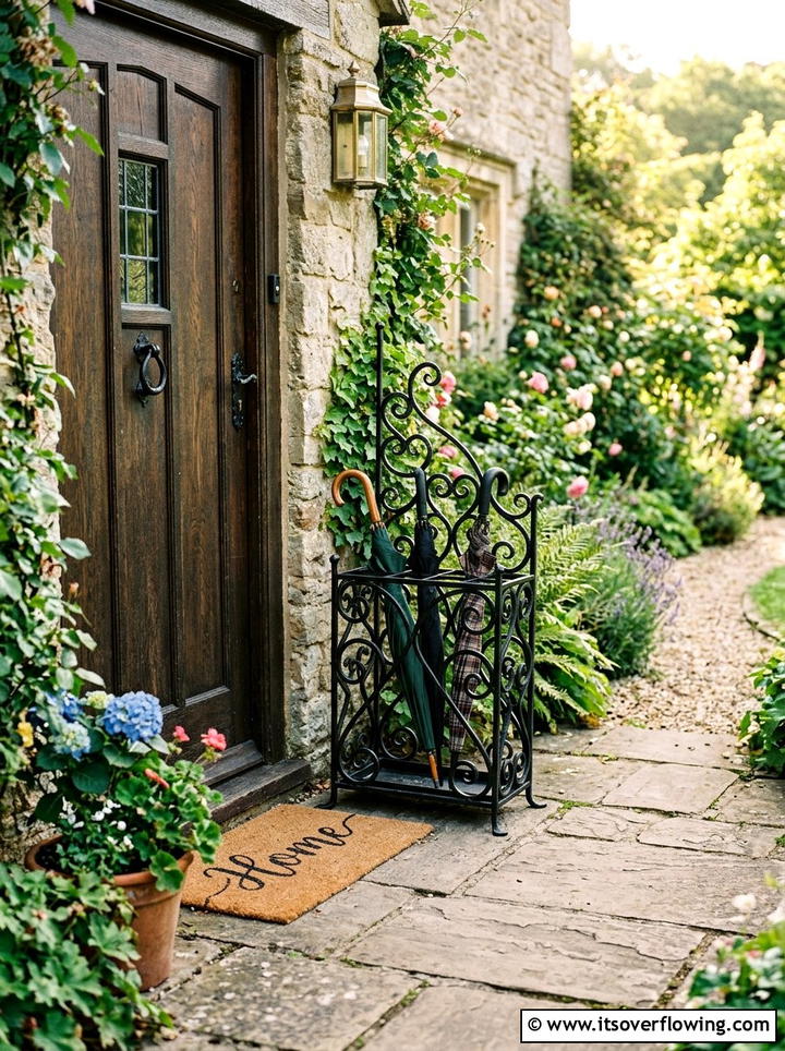 Black Wrought Iron Umbrella Holder - 25 front porch ideas with umbrella stand