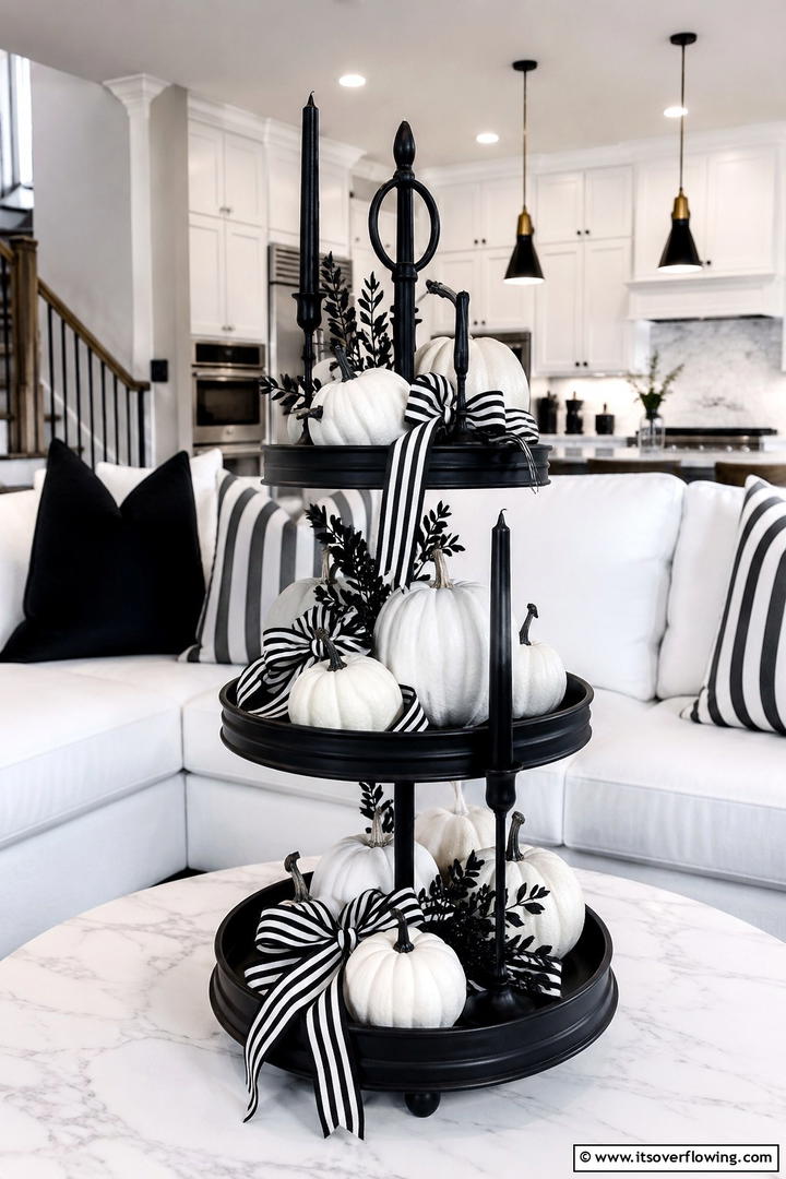 Black and White Modern Fall - 50 Fall Tiered Tray Decor Ideas for Festive Shelves