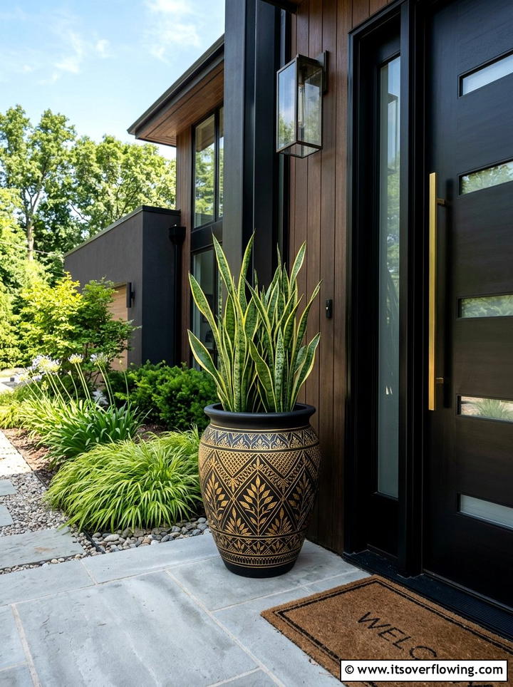 Black and gold flower pot - 25 front porch ideas with painted pots