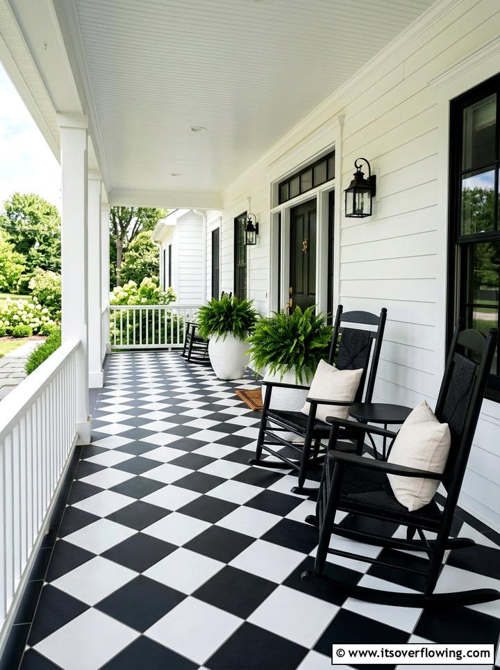 Black and white checkerboard porch - 25 front porch ideas with tile floor