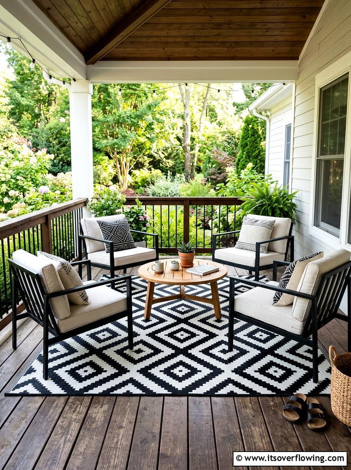 Black and white outdoor rug - 25 front porch decor ideas with black accents