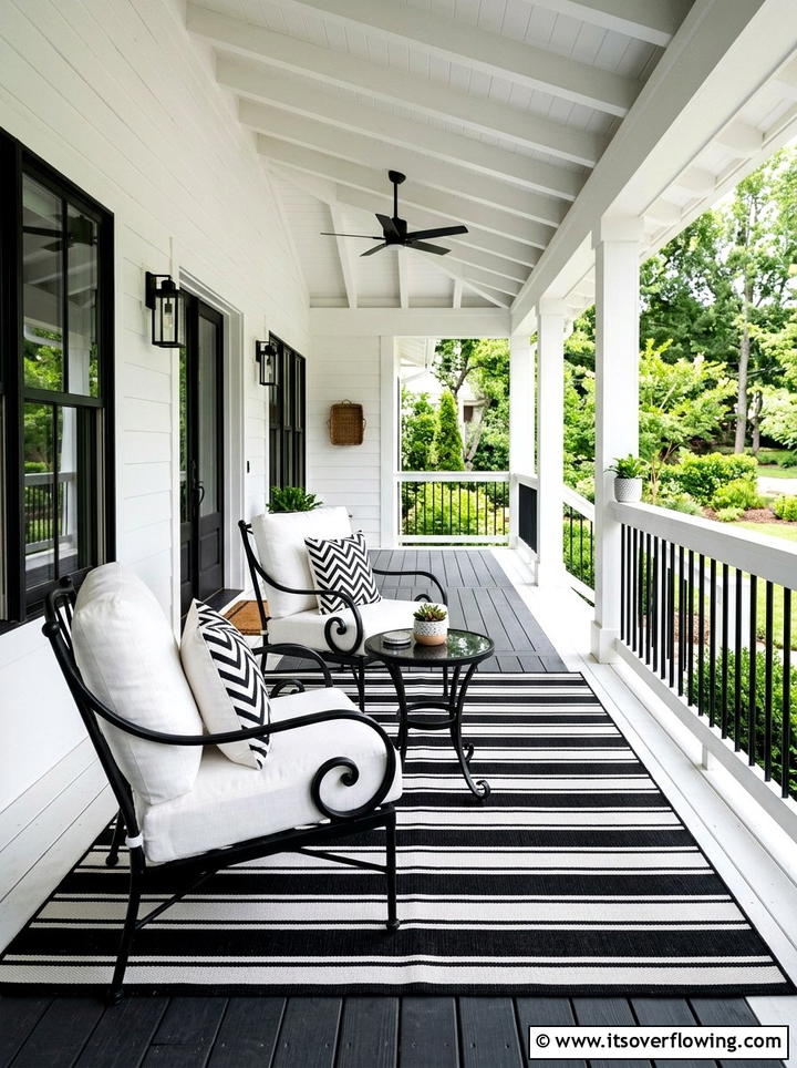 Black and white porch - 25 front porch decor ideas with cushions