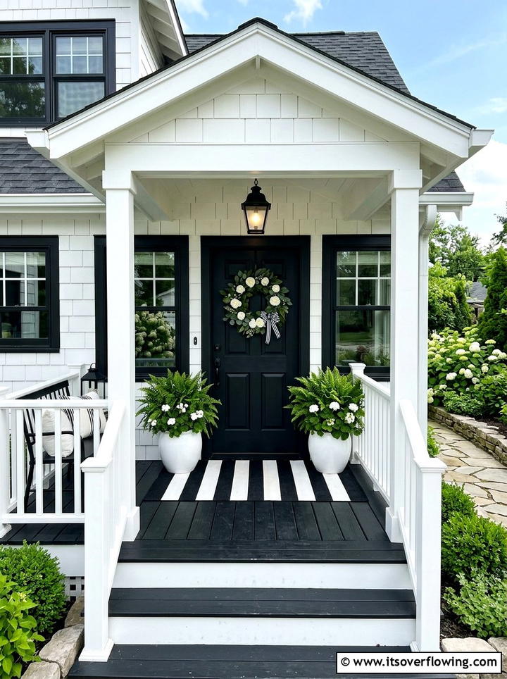 Black and white porch - 25 front porch decor ideas with floral wreath