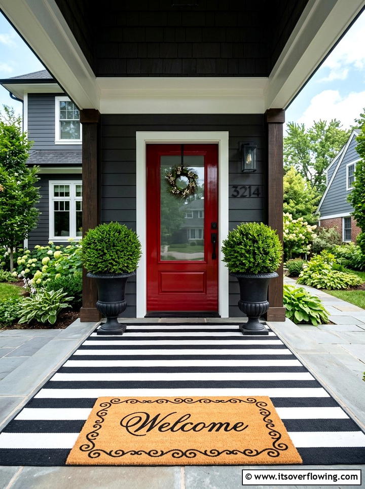 Black and white striped rug with cursive mat - 25 front porch decor ideas with layered mats