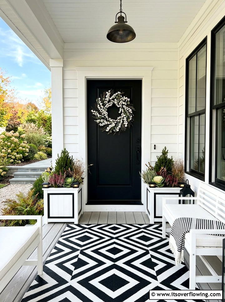 Black door white wreath - 25 front porch decor ideas with wreaths