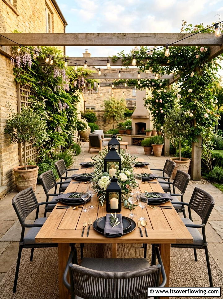 Black metal lanterns on dining table - 25 garden decor ideas with lanterns