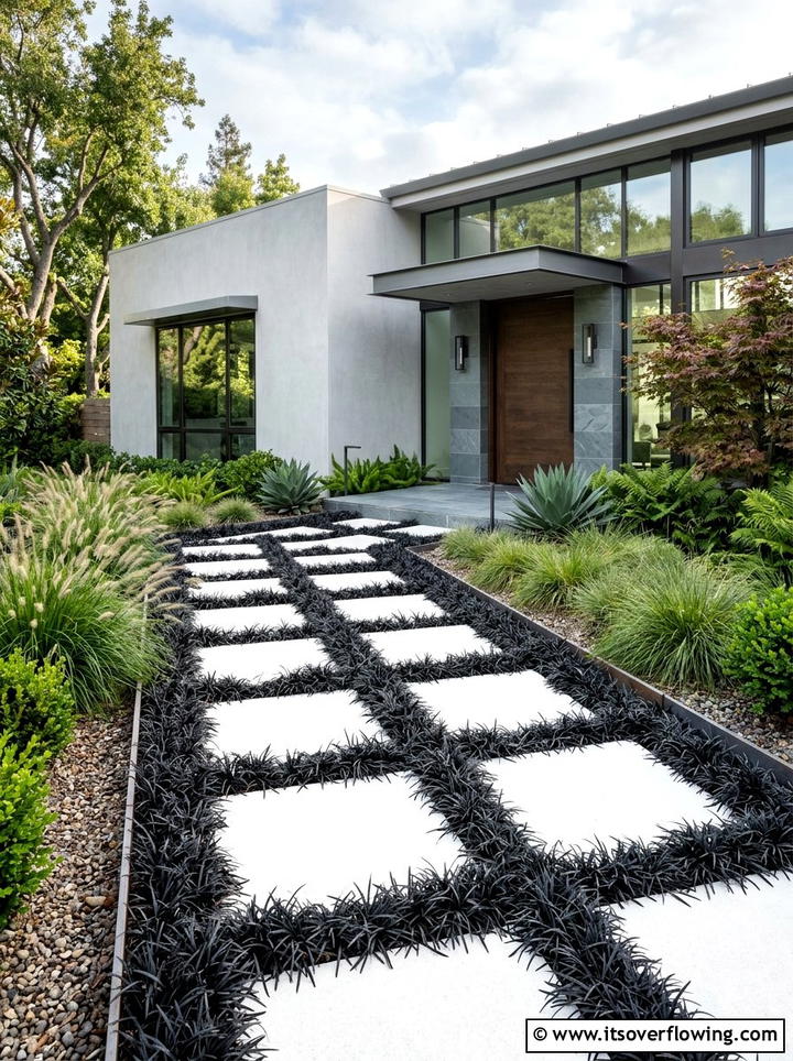 Black mondo grass modern walkway - 25 backyard ideas with ornamental grasses