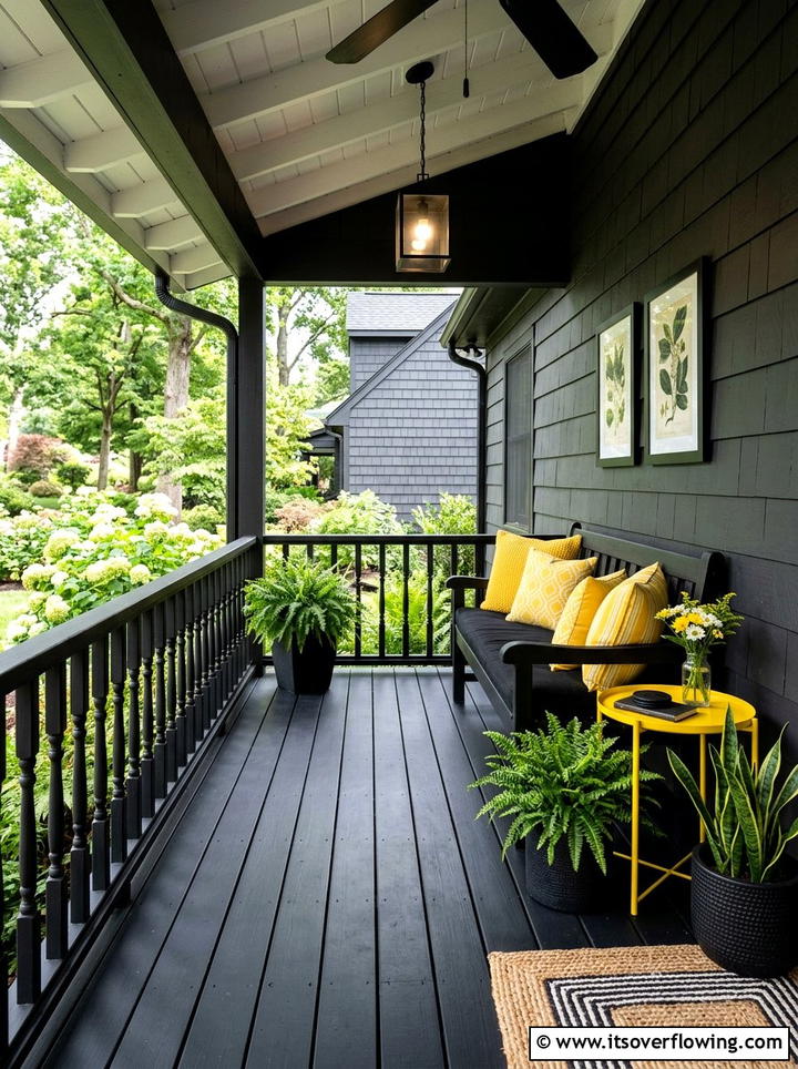 Black porch with yellow accents - 25 front porch ideas with pops of color