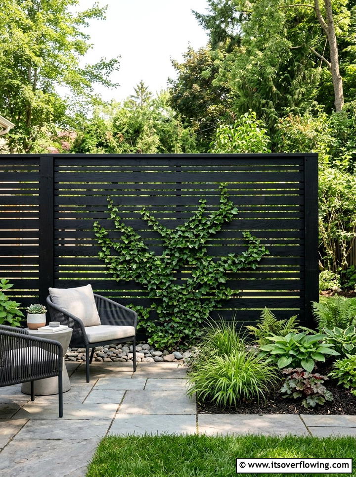 Black wood slat privacy screen - 25 garden decor ideas with modern accents