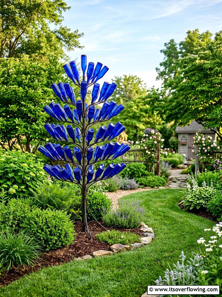 Blue Bottle Tree - 25 recycled garden ideas with glass bottles