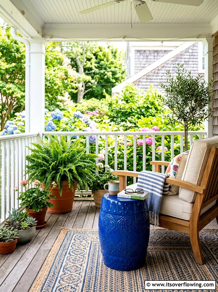 Blue Ceramic Garden Stool - 25 front porch decor ideas with coastal blue palette