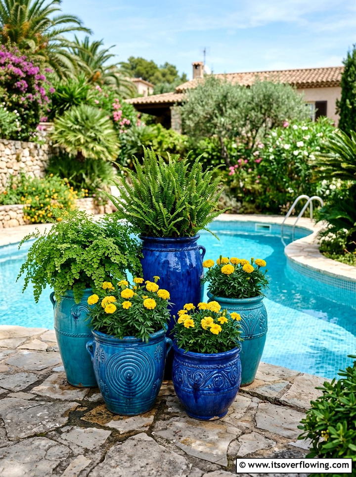 Blue Ceramic Pottery - 25 backyard ideas with pot clusters
