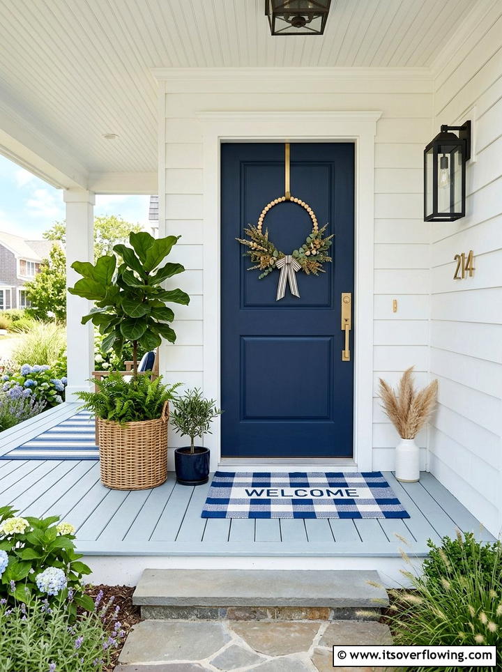 Blue Checkered Welcome Mat - 25 front porch decor ideas with coastal blue palette