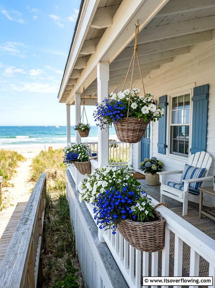 Blue Coastal Porch Baskets - 25 front porch ideas with hanging baskets