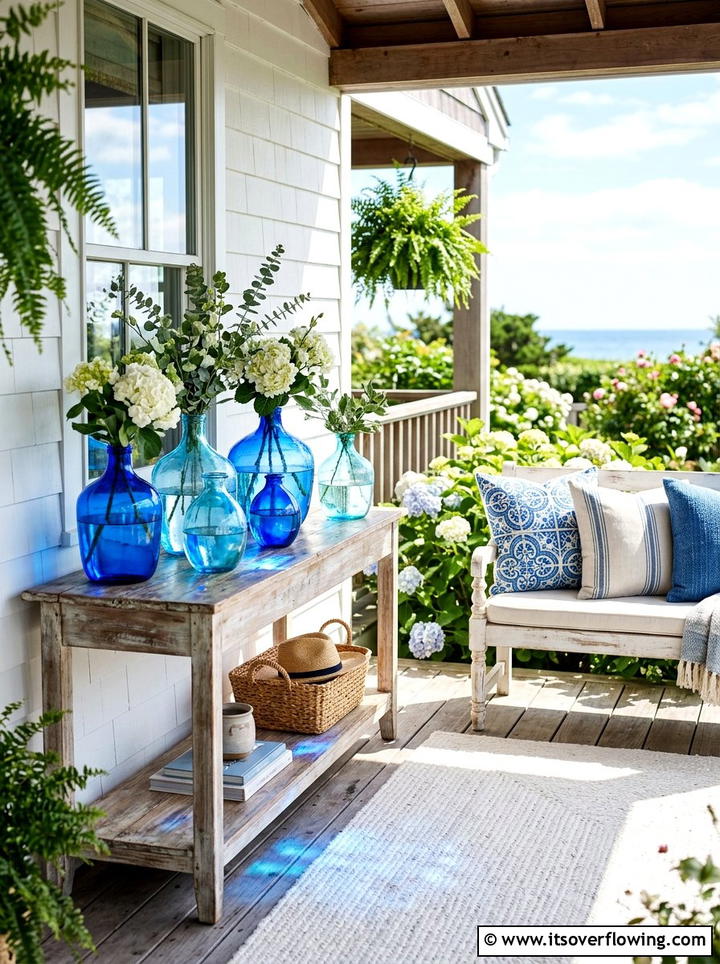 Blue Glass Vases - 25 front porch decor ideas with coastal blue palette