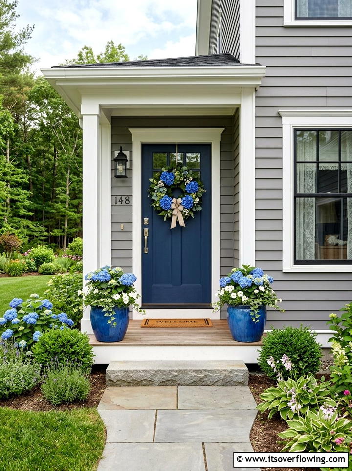 Blue Hydrangea Door Wreath - 25 front porch decor ideas with hydrangea wreath
