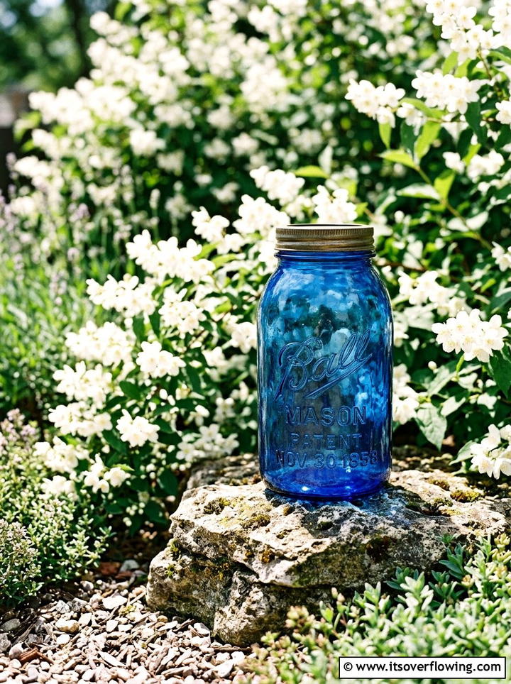 Blue Mason Jar Garden Accent - 25 garden decor ideas with mason jars