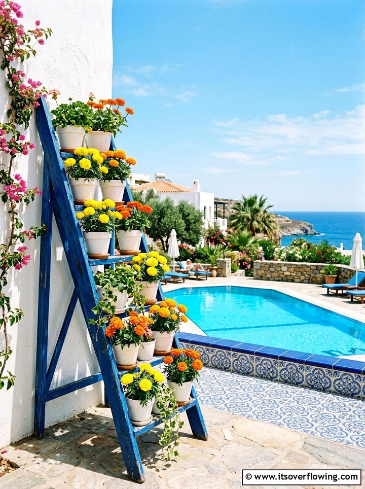 Blue Painted Flower Ladder - 25 garden decor ideas with floral ladders