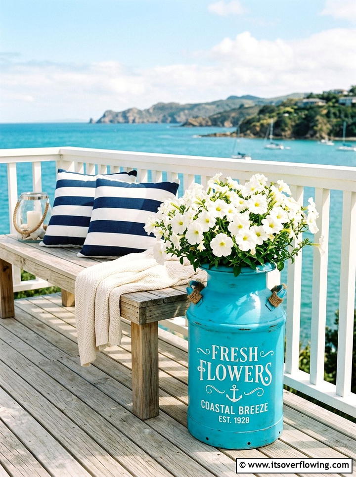 Blue Painted Milk Can - 25 front porch decor ideas with old milk cans