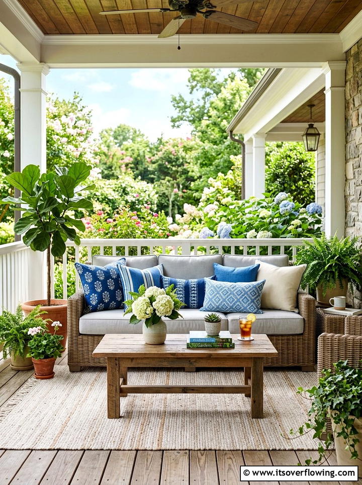 Blue Patterned Throw Pillows - 25 front porch decor ideas with coastal blue palette