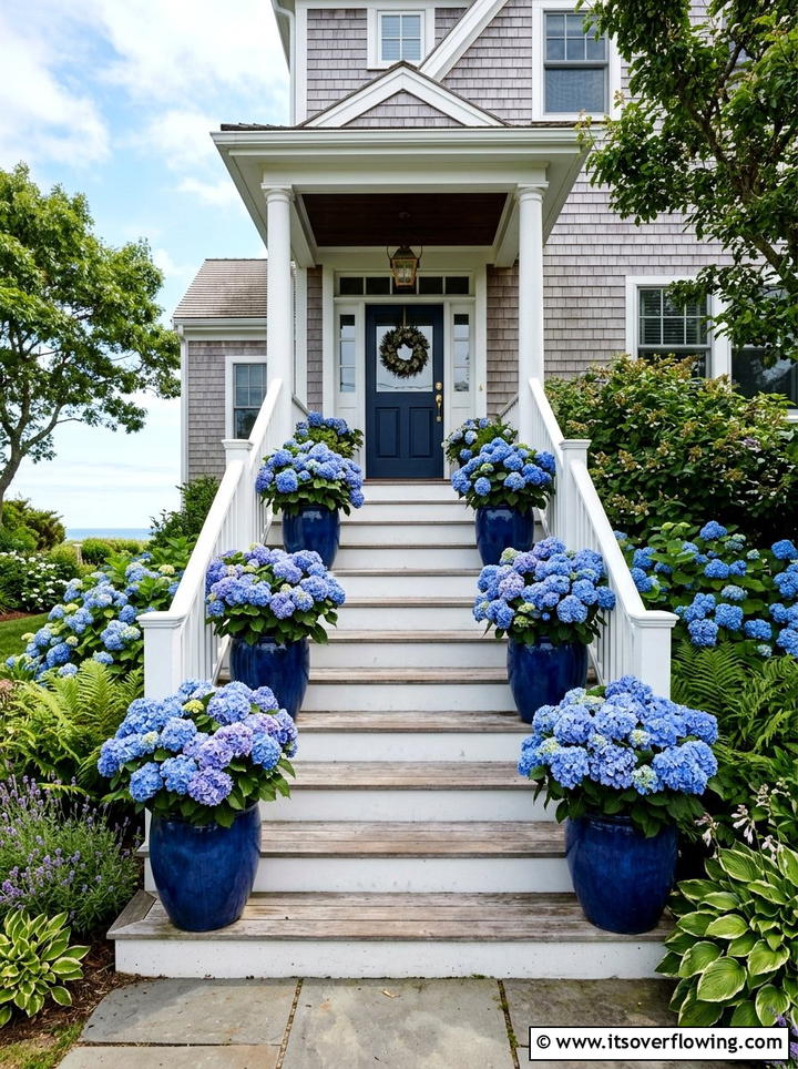 Blue Potted Hydrangeas - 25 front porch decor ideas with coastal blue palette