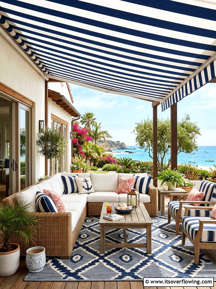 Blue Striped Awning - 25 front porch decor ideas with coastal blue palette