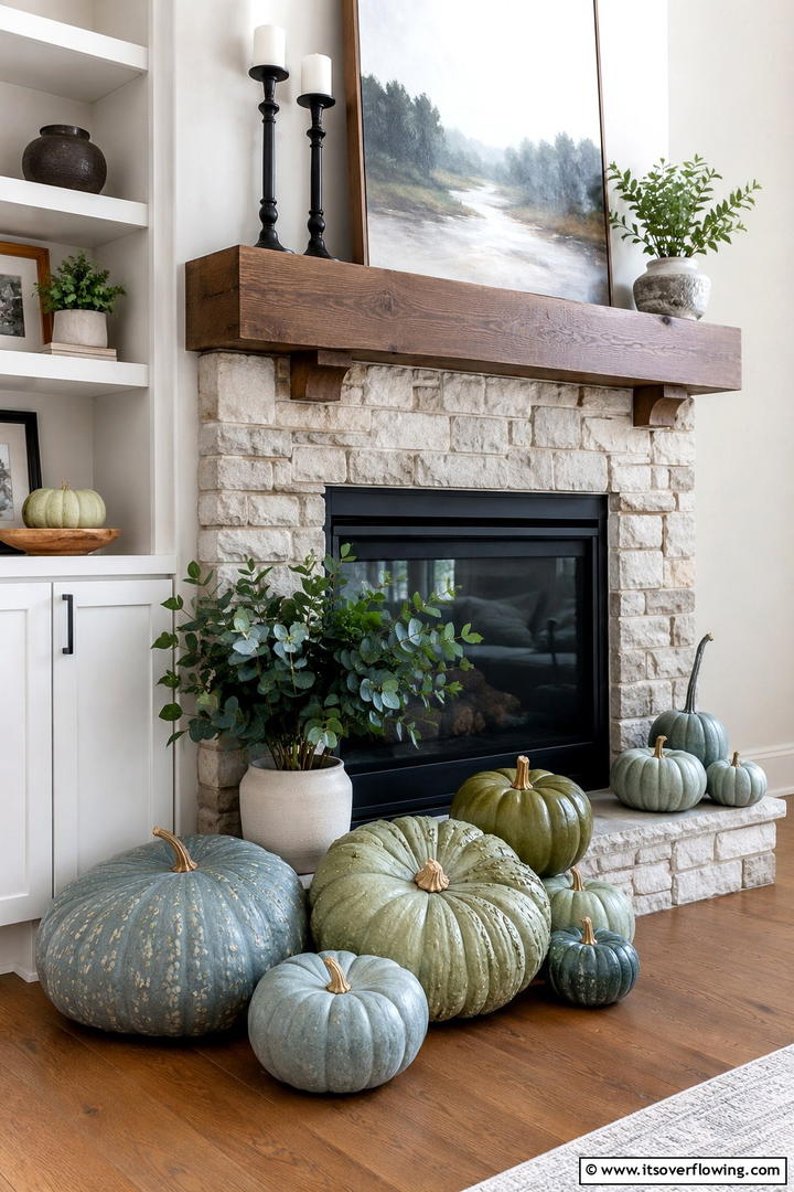 Blue and Green Heirloom Pumpkin Cluster - 50 Fall Pumpkin Decor Ideas for Cozy Autumn Homes Today