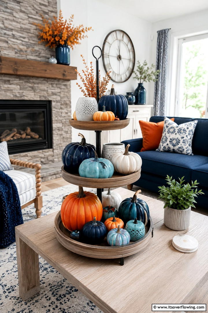 Blue and Orange Contrast - 50 Fall Tiered Tray Decor Ideas for Festive Shelves