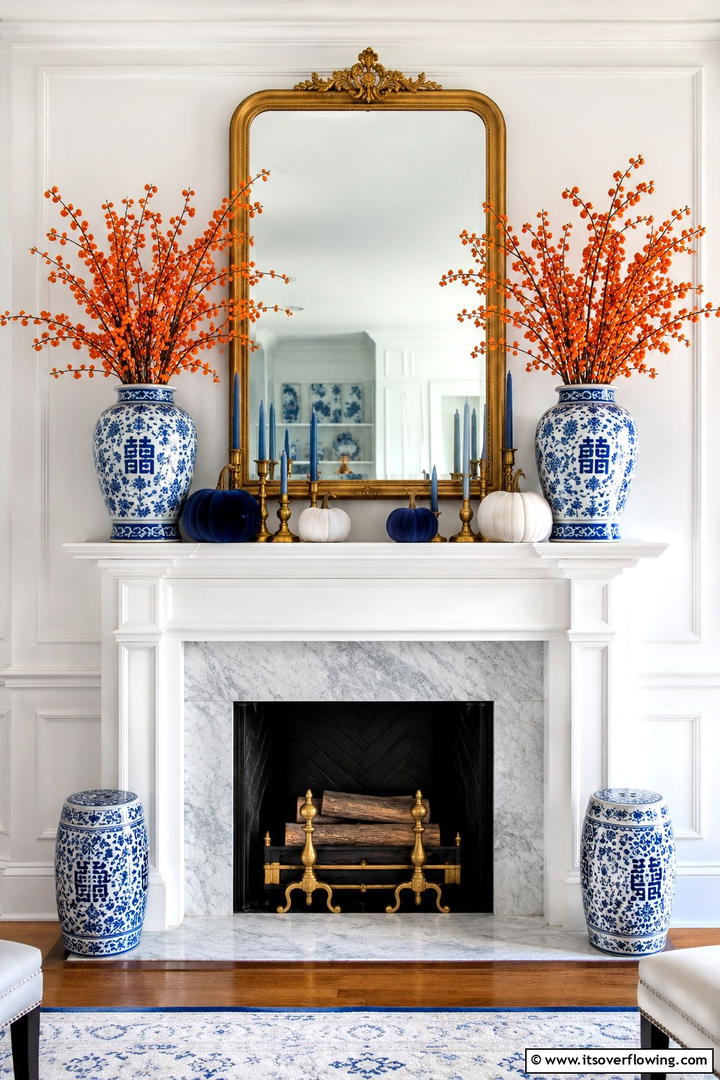 Blue and White Mantel with Fall Touches - 50 Fall Mantel Decor Ideas for Cozy Spaces This Season