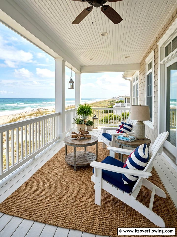 Blue and white coastal porch - 25 front porch decor ideas with cushions