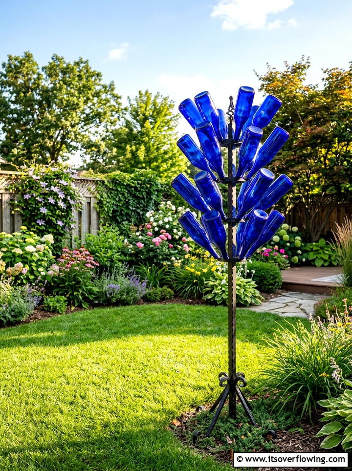 Blue bottle tree stake - 25 garden ideas with decorative stakes