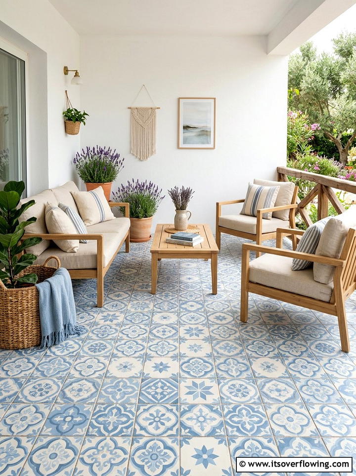 Blue encaustic tile porch - 25 front porch ideas with tile floor