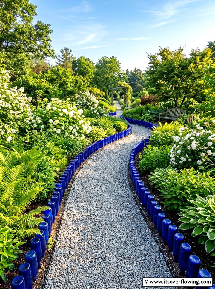 Blue glass bottle border - 25 upcycled garden ideas with glass bottles