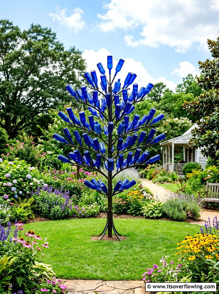 Blue glass bottle tree - 25 recycled garden ideas with vertical bottle wall