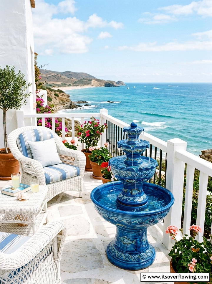 Blue glazed pottery fountain - 25 garden decor ideas with tabletop fountains