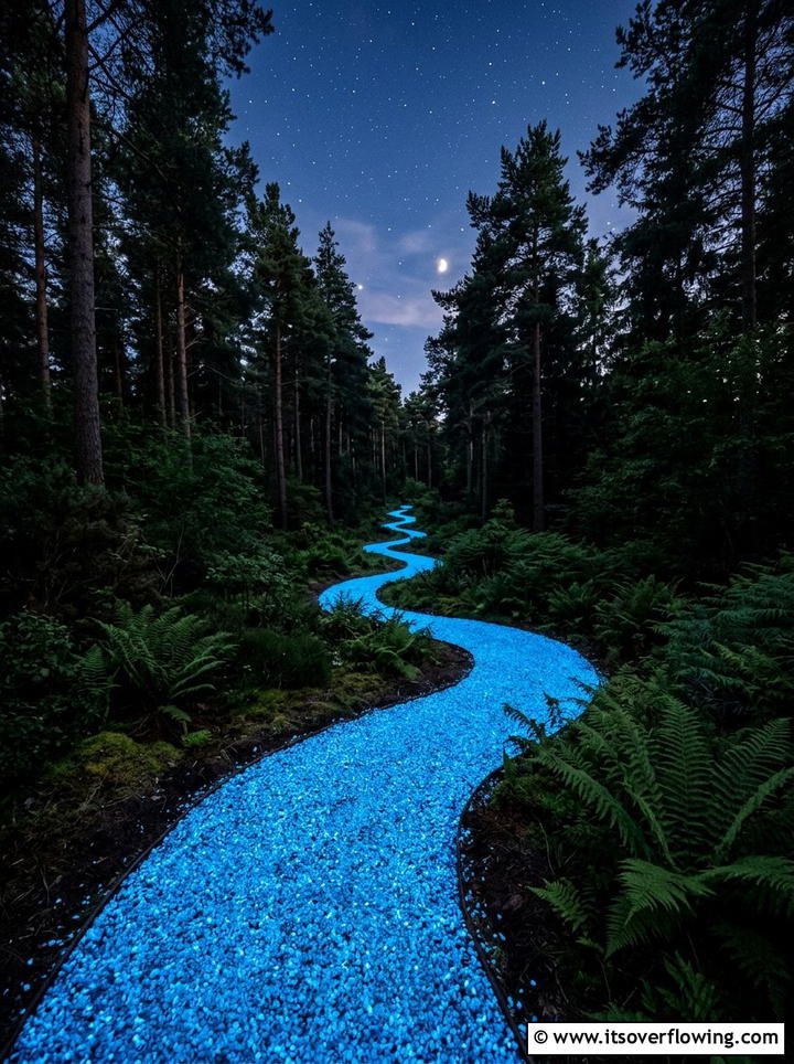 Blue glow gravel walkway - 25 garden decor ideas with glow stones