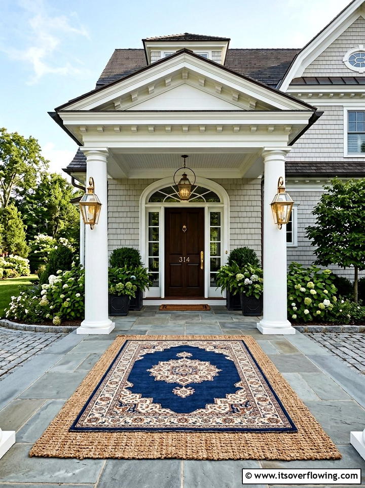 Blue medallion rug with thick jute mat - 25 front porch decor ideas with layered mats