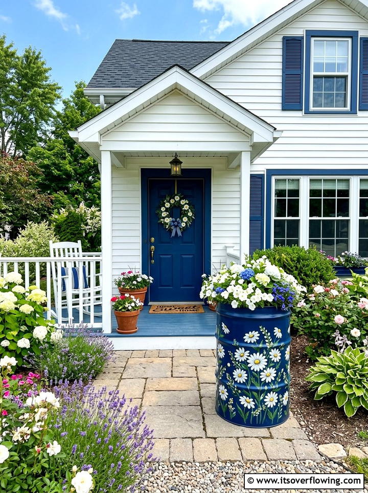 Blue painted barrel decor - 25 front porch ideas with barrel planters