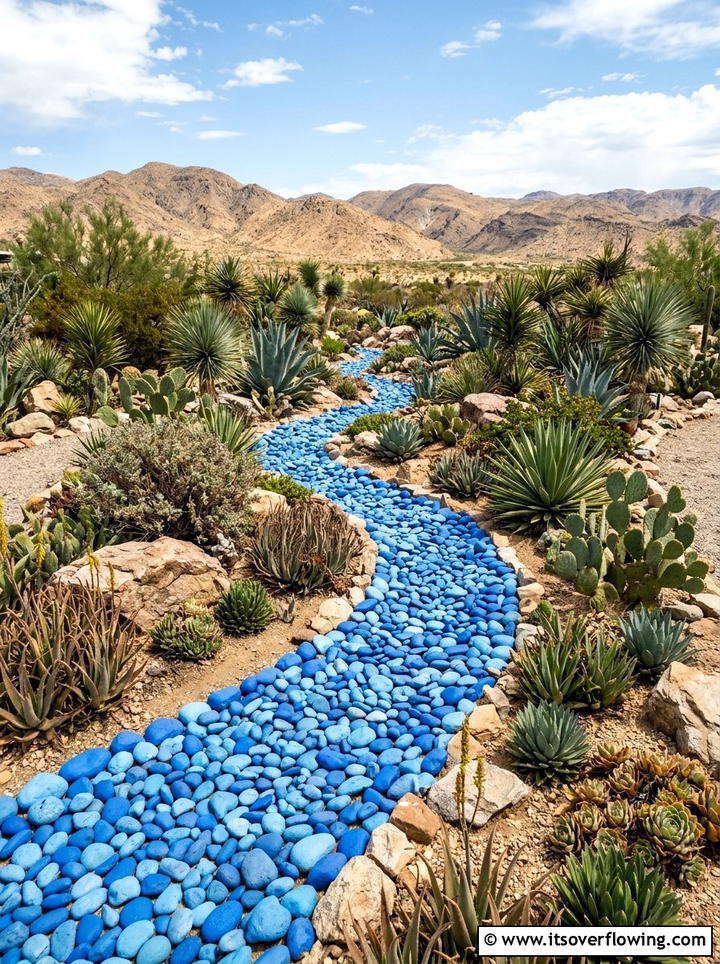 Blue river rock path - 25 garden decor ideas with painted rocks