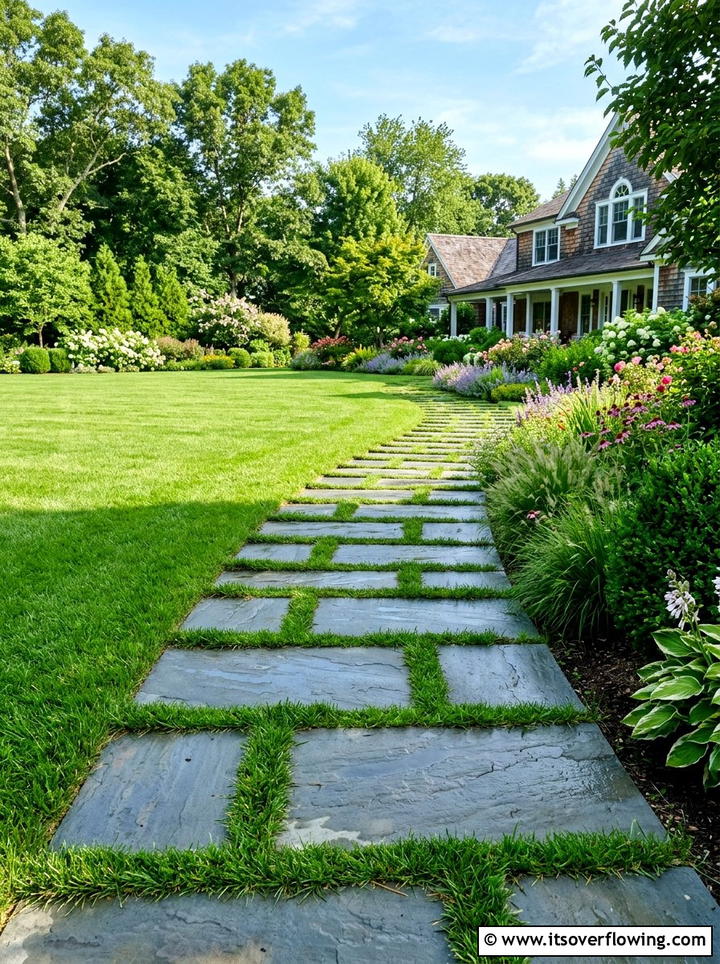 Blue stone path with grass joint - 25 backyard ideas with pathways