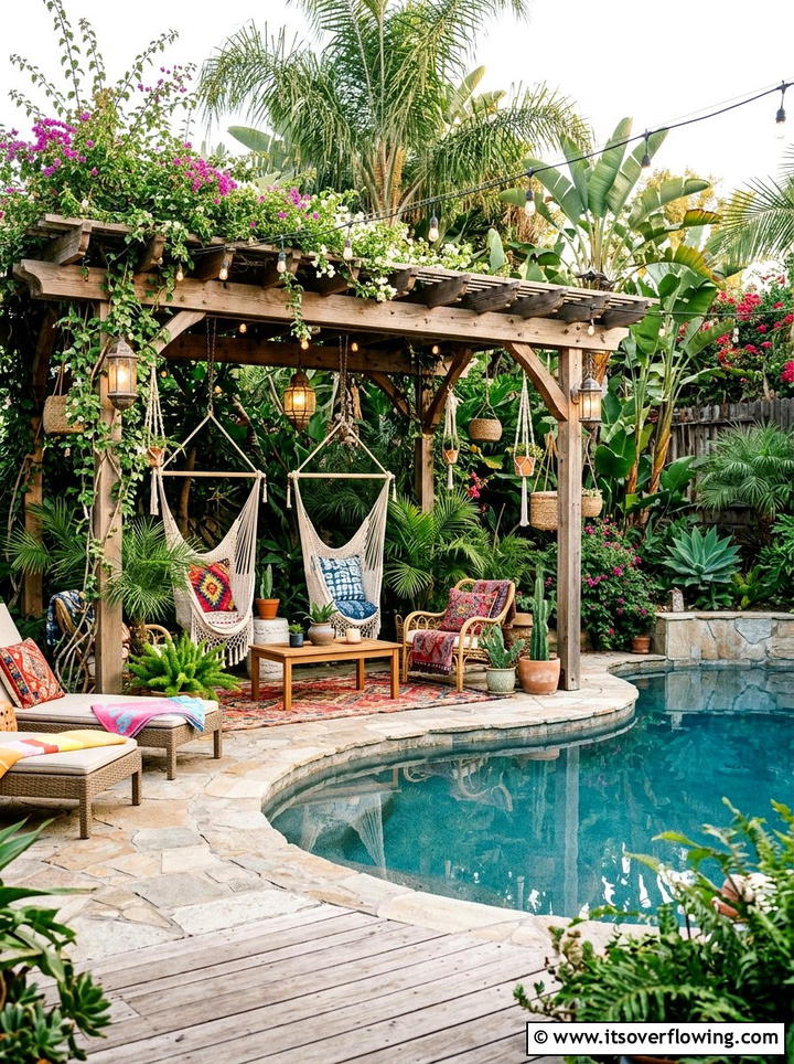 Bohemian Backyard Pool With Wood Pergola - 25 backyard ideas with pool and pergola