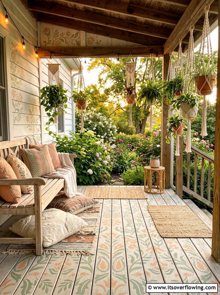 Bohemian Floral Motif - 25 front porch ideas with stenciled floor