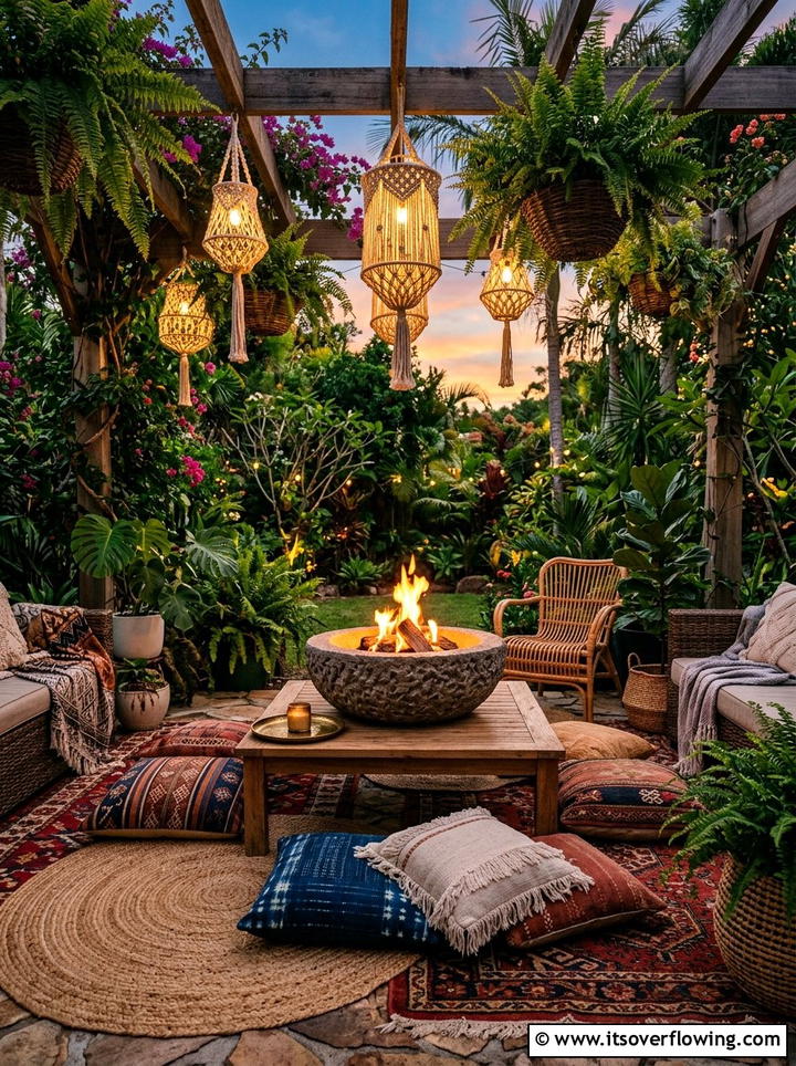 Bohemian Outdoor Lounge - 25 backyard decorating ideas with tabletop fire bowls