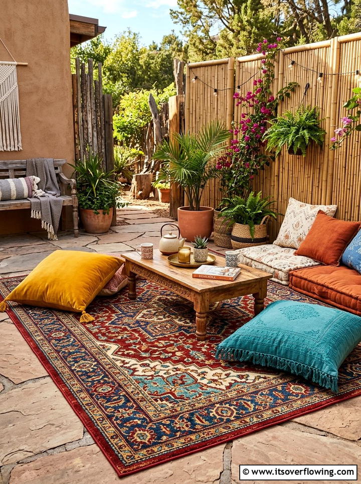 Bohemian Outdoor Rug And Floor Cushions - 25 small garden ideas with cozy seating