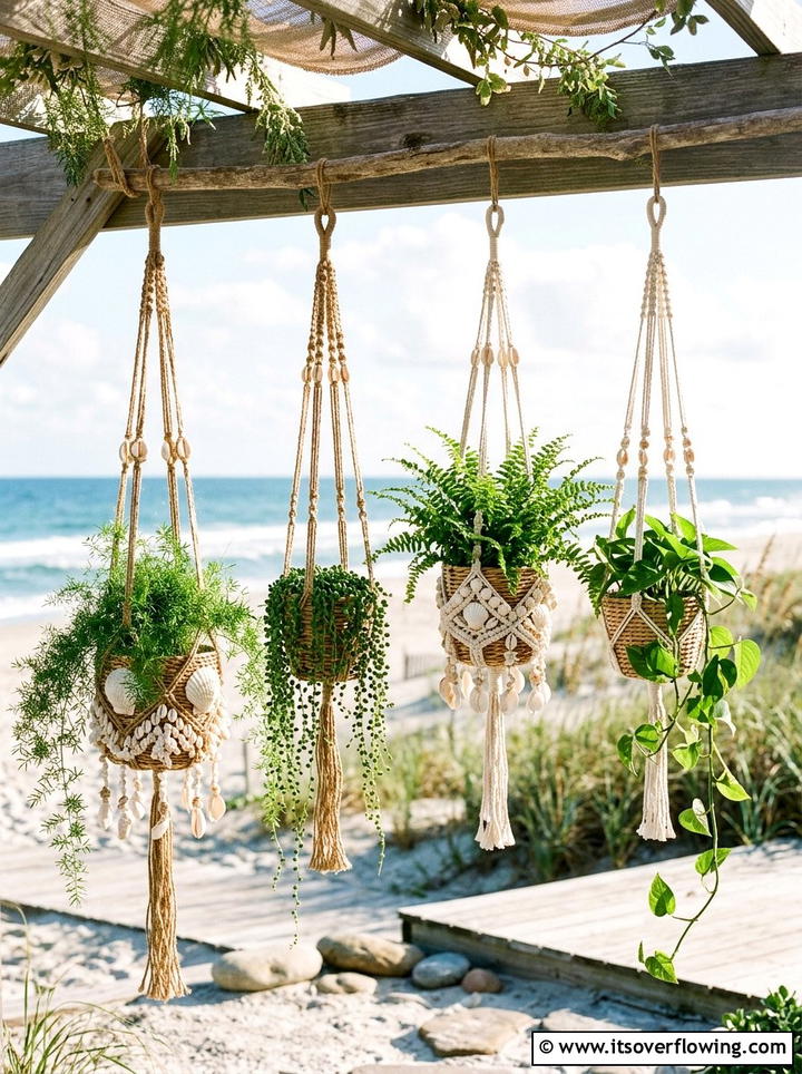 Bohemian Style Shell Plant Hangers - 25 garden decor ideas with hanging baskets