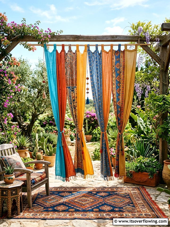 Bohemian colorful curtains - 25 garden decor ideas with pergola curtains