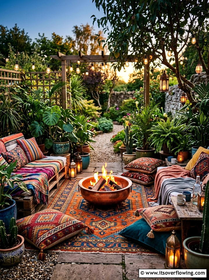 Bohemian fire pit area - 25 garden ideas with fire pit