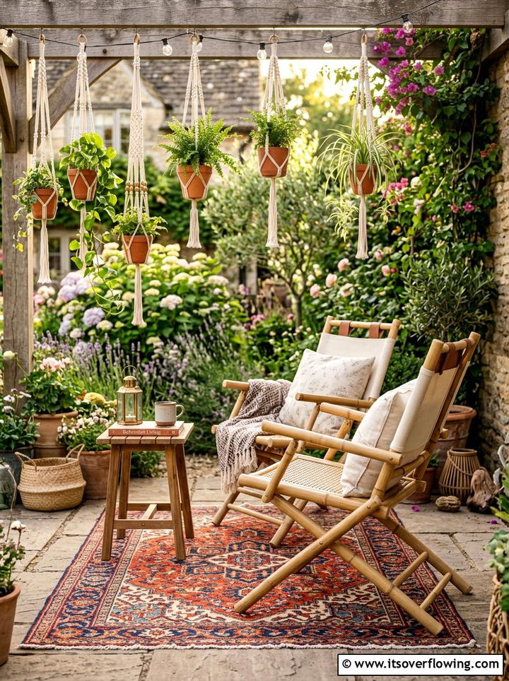 Bohemian folding bamboo chairs - 25 small garden ideas with foldable seating