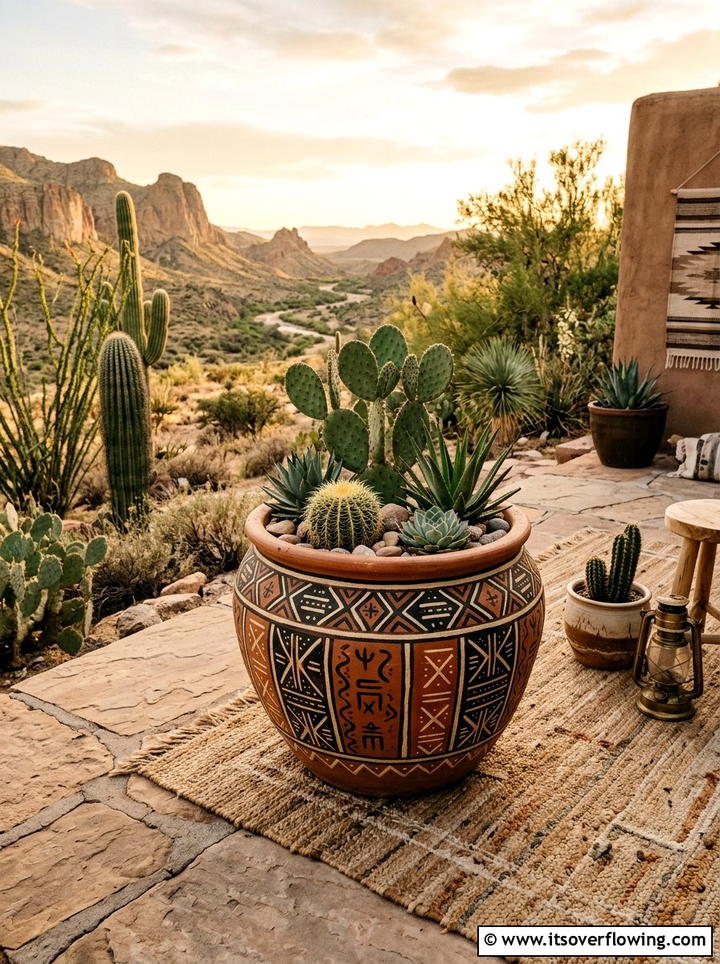 Bohemian mudcloth style pot - 25 front porch ideas with painted pots